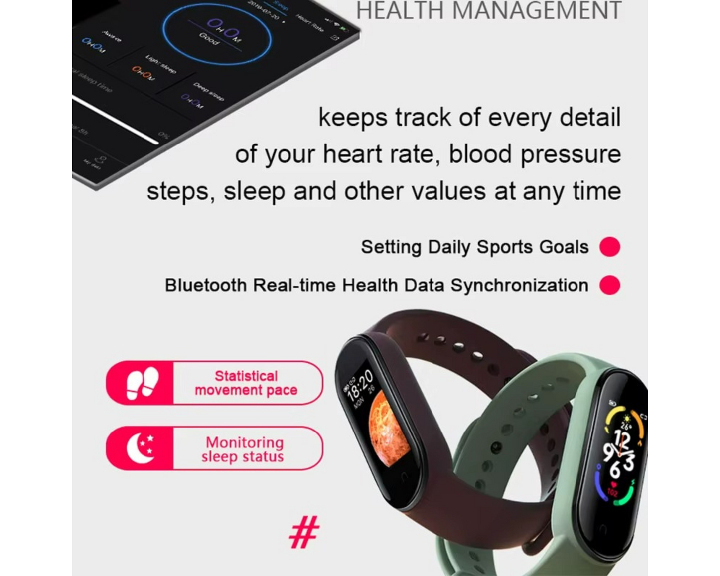 Rockman M8 Smart Sports Watch Waterproof Wristband - Pink