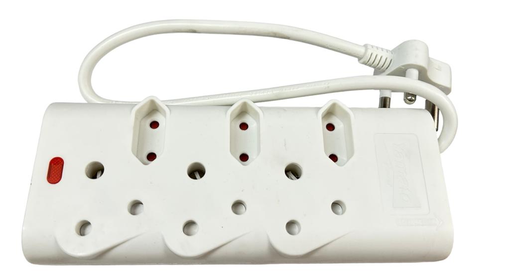 Multiplug with 3 x 5A outlets and 3 x 16A outlets.