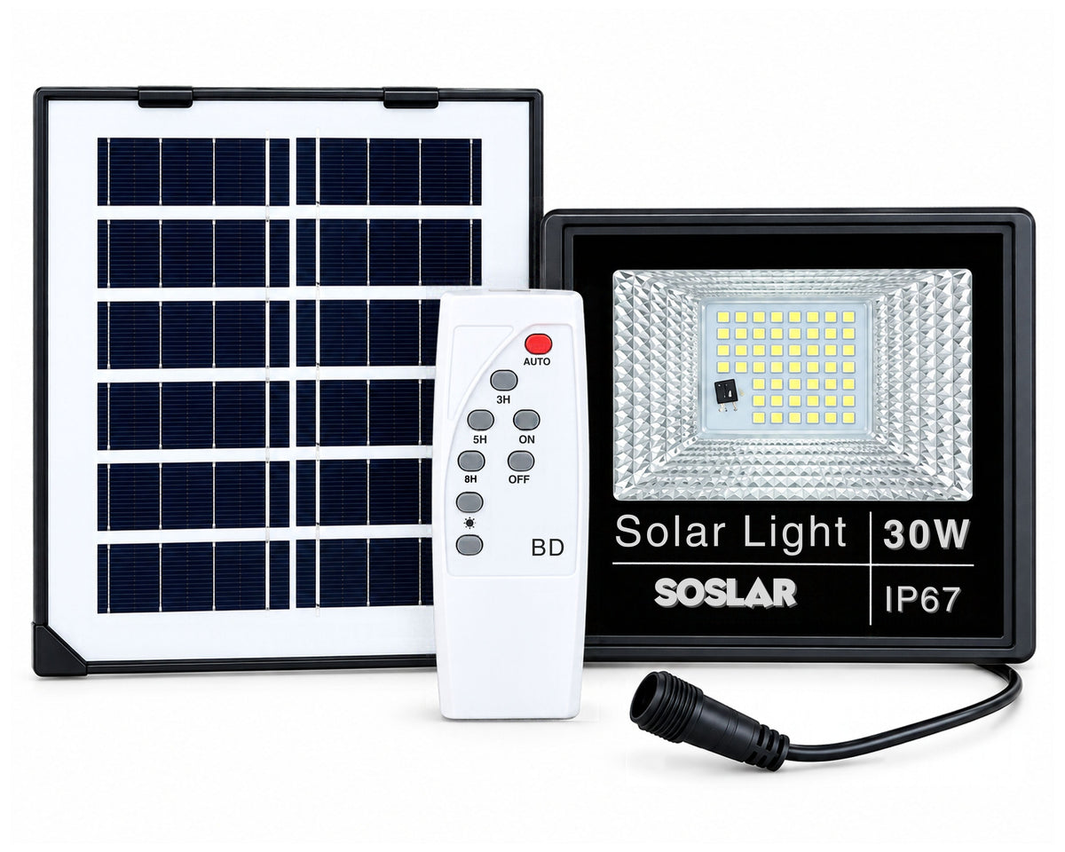 Sosolar 30W Led Solar Flood Light With Panel & Remote Control IP67