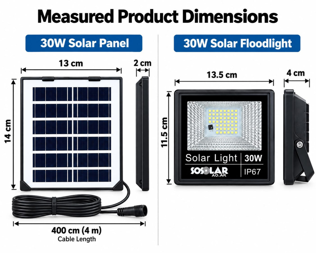 Sosolar 30W Led Solar Flood Light With Panel & Remote Control IP67