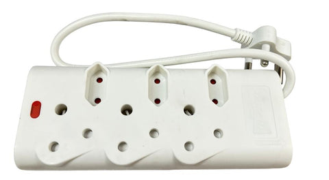 Multiplug with 3 x 5A outlets and 3 x 16A outlets.